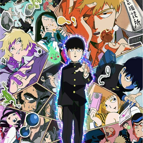 mob holding his hand out surrounding by characters collages